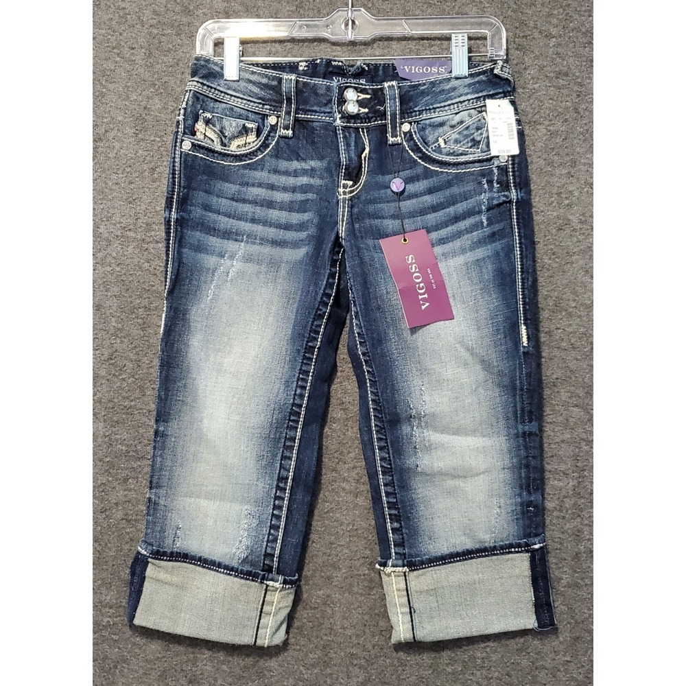 Vigoss The New York Capri Jeans Women's Size 1/2 Length 21 Blue Whisker Cuff NWT